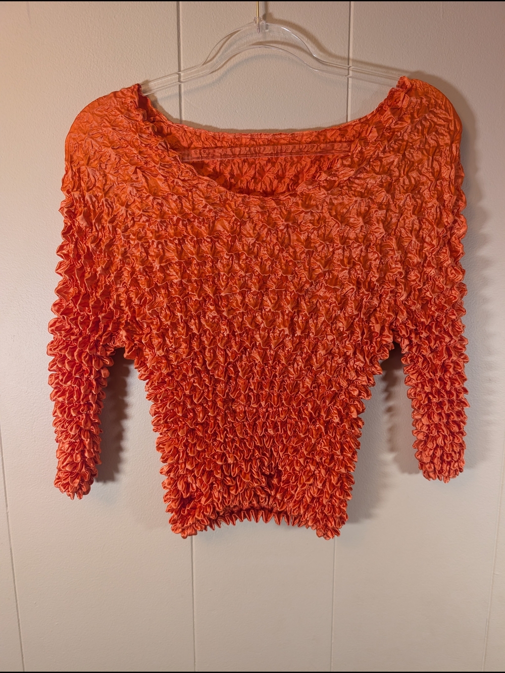 F&C Popcorn Textured Stretch Top Orange 3/4 Sleeve One Size Boho Y2K